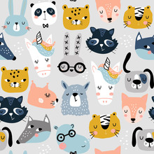Seamless Childish Pattern With Funny Animals Faces . Creative Scandinavian Kids Texture For Fabric, Wrapping, Textile, Wallpaper, Apparel. Vector Illustration