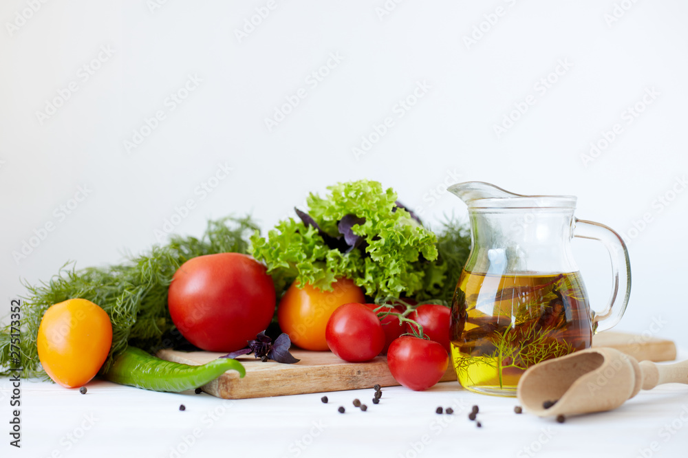 Composition with vegetables and spices on a table on a white background - obrazy, fototapety, plakaty 