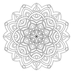 Black outline flower mandala. Vintage decorative element. Ornamental round doodle flower isolated on white background. Geometric circle element. Vector illustration.