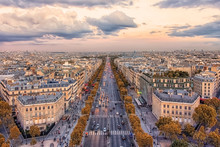 Champs-Elysees Avenue In Paris At Sunset