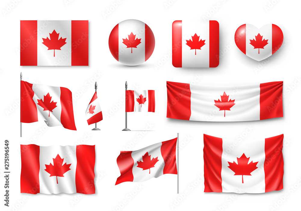 Various Canada flags set isolated on white background. Realistic waving ...