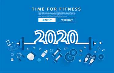  2020 new year fitness concept workout typography alphabet design with equipment. Vector illustration flat modern layout template