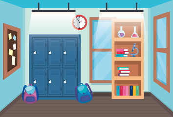 classroom with lockers and backpacks with bookcase and clock