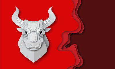 Wall Mural - Head of the Bull, symbol of the Bullish Stock market. Red background, Paper cut out style, vector illustration - Vector