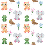  Seamless pattern Animals watercolor children illustration hare frog cat butterfly flowers design children's rooms wallpaper textiles digital paper