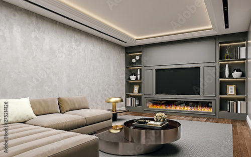 Fotomural Modern interior design of living room in basement, angled close up view of tv wa