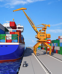 Loading containers on the ship in the seaport. 3d illustration