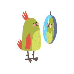 Sticker - Cute Bird Lookig at Mirror, Funny Birdie Cartoon Character with Bright Green Feathers Vector Illustration