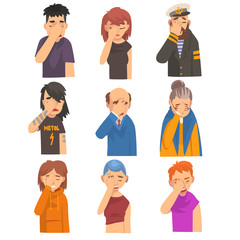 Poster - People Covering Their Face with Hands Set, Men and Women Making Facepalm Gestures, Shame, Headache, Disappointment, Negative Emotions Vector Illustration