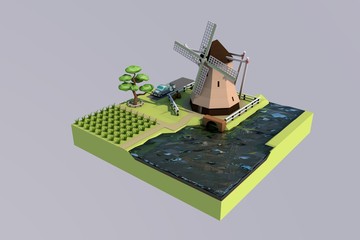 3d illustration. low poly Dutch mill on the river Bank