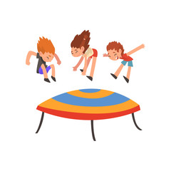 Sticker - Cute Happy Boys and Girl Jumping on Trampoline, Smiling Little Kids Bouncing and Having Fun Cartoon Vector Illustration