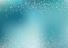 Abstract Falling Golden Glitter Lights Texture On Blue Turquoise Background With Lighting. Magic Gold Dust And Glare. Festive Christmas Background.