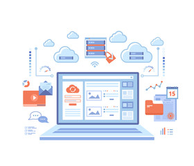 Wall Mural - Cloud computing and web services, technology, data storage, hosting, connection. Login page and password on laptop screen, server, infographic elements. Vector illustration on white background.