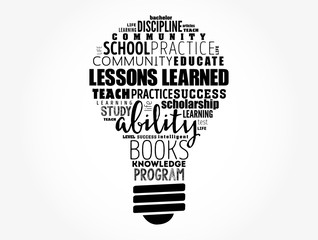 Wall Mural - lessons learned light bulb word cloud collage, education concept background