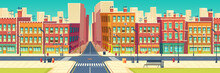 Old Quarter Street, City Historical Center District In Modern Metropolis Cartoon Vector. Roads Crossing And Crosswalks, Cafe, Restaurant, Store Showcases In Retro Architecture Buildings Illustration