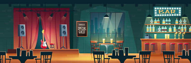 Music bar, beer pub with live performances cartoon vector interior. Bar counter desk, tables and chairs, guitar on stage illustration. Famous musician, special guest star evening concert in nightclub