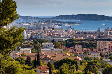 Wall Mural - Aerial panoramic view of Toulon city and coastline from Faron mountain. France. Travel Europe.