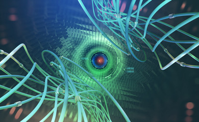 Leinwandbilder - Artificial intelligence 3D illustration. Digital technologies in cyberspace of future. Cybersecurity in global network. Abstract portal with wires in foreground