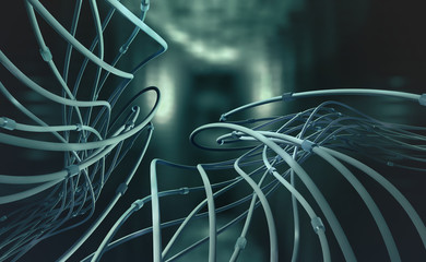 Leinwandbilder - Artificial intelligence 3D illustration. Digital technologies in cyberspace of future. Cybersecurity in global network. Abstract portal with wires in foreground