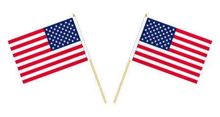 Two US flags isolated on white background, vector illustration. USA flag on pole