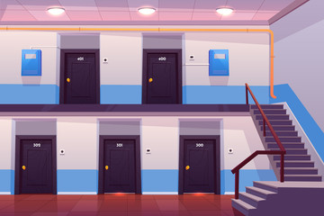 House entrance interior, empty hallway or corridor with numbered doors, stairs, tiled floor and electric meter boxes on wall, cross section view, apartments in condominium. Cartoon vector illustration