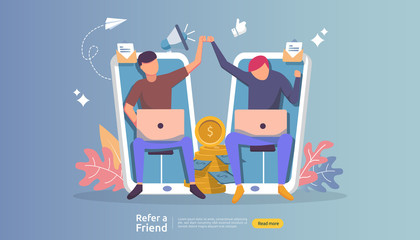 refer a friend affiliate partnership and earn money. marketing concept strategy. people character sh