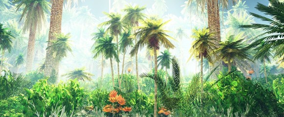 Wall Mural - Blooming jungle in the fog, flowers among palm trees, palm trees in the fog