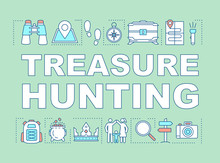 Treasure Hunting Word Concepts Banner. Family Time Together. Geocaching. Search For Treasure. Presentation, Website. Isolated Lettering Typography Idea, Linear Icons. Vector Outline Illustration