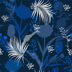 Wall Mural - Stylish monotone blue Seamless silhouette of botanical plants and florals fill in with zigzag striped Pattern on colorful garden mood  Print in vector Design for faashion,fabric,web,wallpaper 