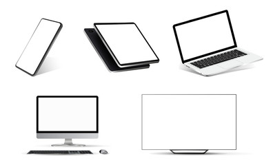 Wall Mural - Nice mockups collection realistic devices. Smartphone, tablet, laptop, PC and TV. 3D realistic models of devices from different angles. Mockup gadgets set. Vector template for you presentation.