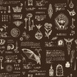 Vector seamless pattern in vintage style on theme of alchemy, magic, witchcraft and mysticism with sketches, various esoteric and occult symbols. The Latin words Spirit, Land, Secret, Interior, Stone