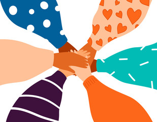 six female hands support each other, concept of teamwork, women power. diverse human hands united fo