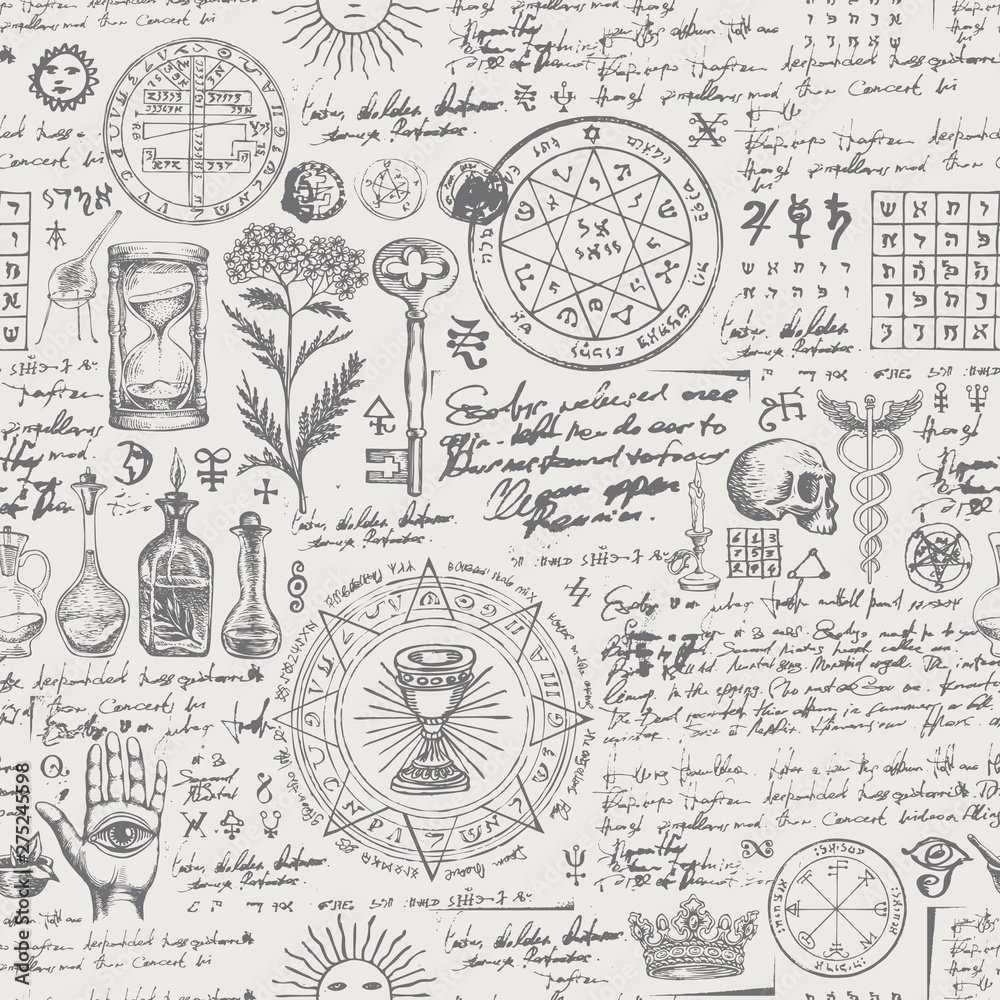 Vector seamless background on the theme of alchemy, medicine, magic ...
