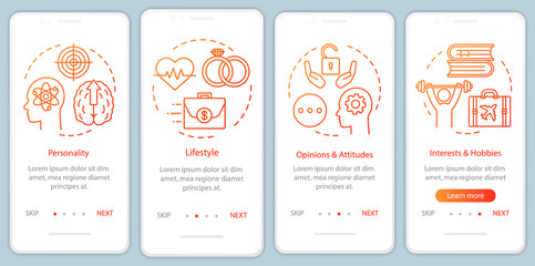 Psychographics targeting orange gradient onboarding mobile app page screen vector template. Walkthrough website steps with linear illustrations. UX, UI, GUI smartphone interface concept