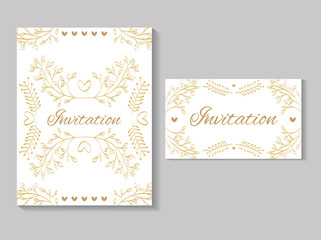 Poster - set invitation cards with leafs golden calligraphy