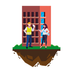 Sticker - male builder constructor with woman engineer and building