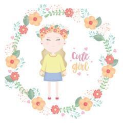 Wall Mural - cute little girl with floral crown character