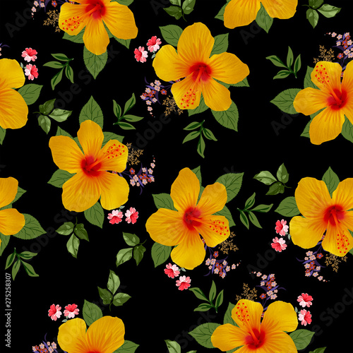 Seamless Floral hibiscus with leaf pattern