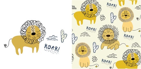 Wall Mural - set of cute lion print and seamless pattern with lions. vector