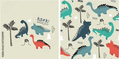 set of cute dinosaur print and seamless pattern with dinosaurs Canvas Print