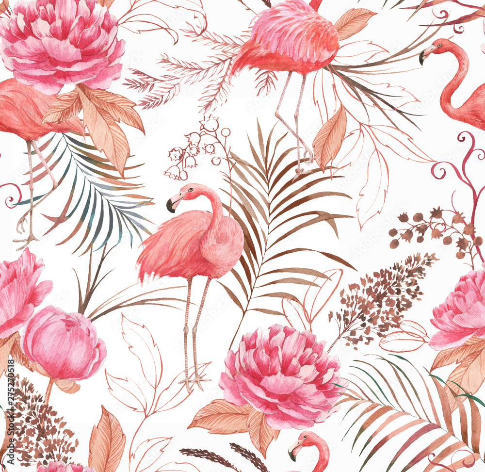 Papel de parede Hand drawn watercolor seamless pattern with pink flamingo, peony and decorative plants