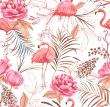 Hand Drawn Watercolor Seamless Pattern With Pink Flamingo, Peony And Decorative Plants. Repeat Background Illustration