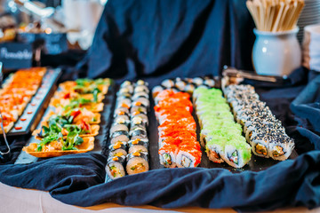 Breakfast Buffet Concept, Breakfast Time in Luxury Hotel, Brunch with Family in Restaurant, Sushi Rolls - Image