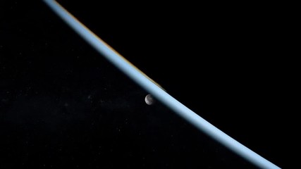 Wall Mural - Moon rising view from space over earth planet atmosphere horizon. Contains public domain image by Nasa