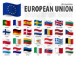© stockdevil - European union flag ( EU ) and membership on europe map background . Waving flag design . Vector