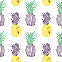 Wall Mural - Seamless pattern of pineapple. Fruit and slice of exitix tropical. Vector hand drawn illustration set in modern trendy flat style for web, print posters and wallpapers