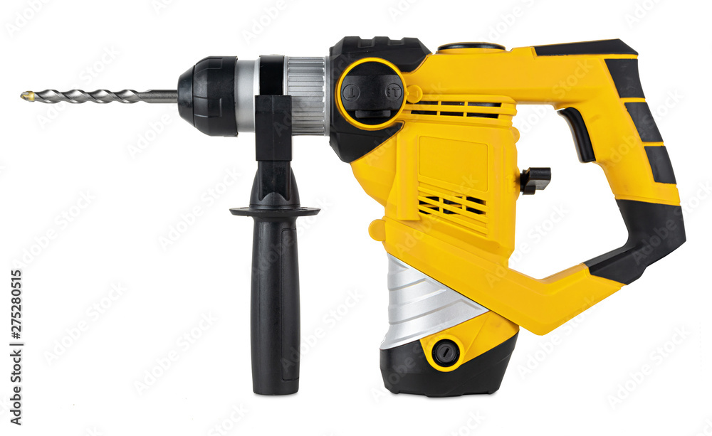 heavy yellow black jack-hammer drilling drill machine hand tool isolated white background. Construction working industry tools concept - obrazy, fototapety, plakaty 