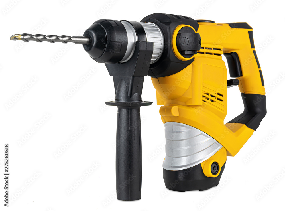 heavy yellow black  jack-hammer drilling drill machine hand tool isolated white background. Construction working industry tools concept - obrazy, fototapety, plakaty 