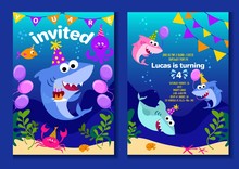Baby Shark Party Invitation Cards. Happy Birthday Greeting Card In Cartoon Style With Under The Sea World Animals Shark, Octopus, Balloons Etc. Colorful Kids Party Poster Or Invitation Template.