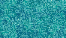 Abstract Seamless Pattern. Blue, Turquoise And White. Bolts, Gears, Polygons. 